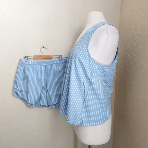 LAKE Pajama 2-PC Set LARGE Top Shorts Blue White Stripe 100% Cotton - Picture 15 of 16